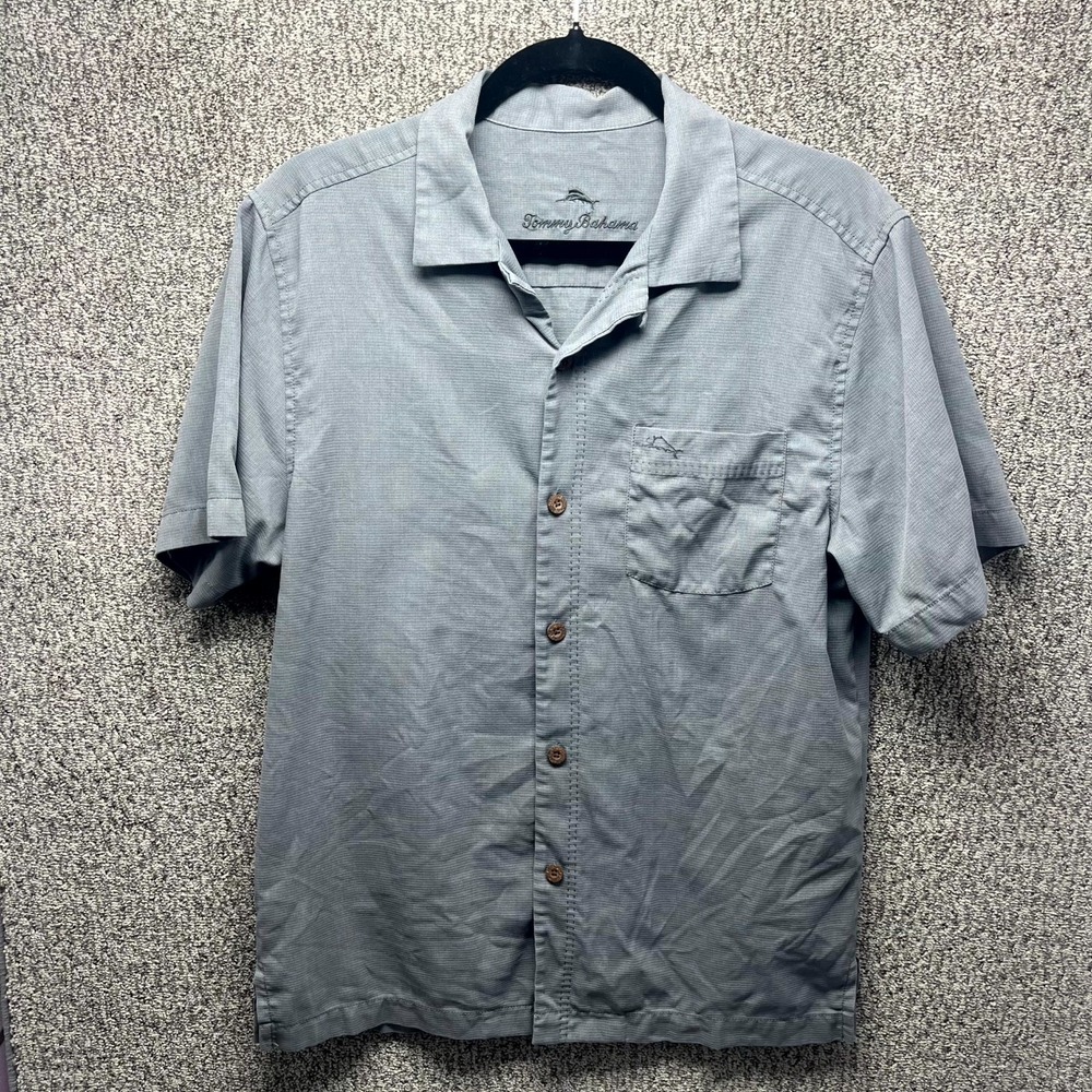 Tommy Bahama Camp Shirt Mens Gray Silk Logo Island Zone Short Sleeve Button Up S